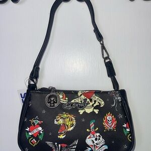 NWT Ed Hardy Black Shoulder Bag with Colorful Tattoo Design